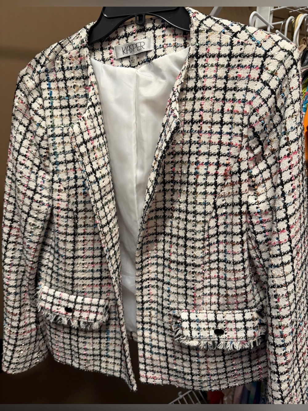 Kasper Cream Tweed Plaid Fringed Open-Front Blazer